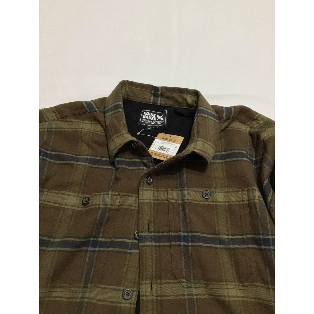 Eddie Bauer Mens Fleece Lined Plaid Shirt Jacket Brown Olive Green Large NWT - Picture 7 of 7